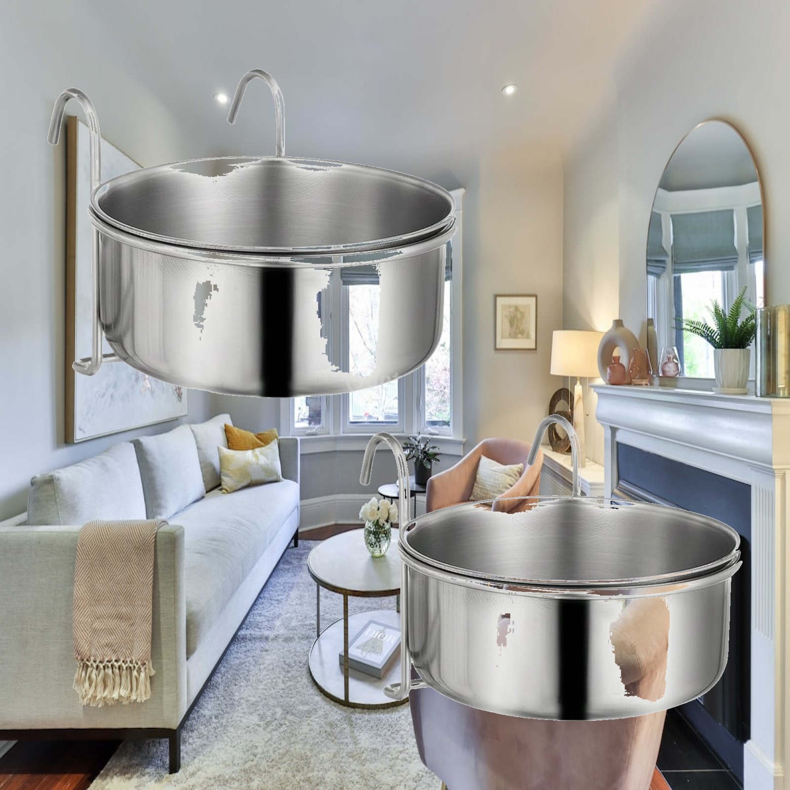 Pet Feeders - ชามอาหารสัตว์เลี้ยงแบบอุตสาหกรรม 2 ชิ้น สแตนเลส พร้อมตะขอแขวนสำหรับกรง ใช้ใส่น้ำและอาหาร