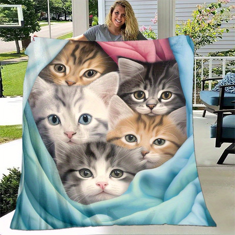 Pet Beds - VIKAMA ผ้าห่มฟลีซลายลูกแมวน่ารัก ผ้าห่มนุ่มนิ่มลายหน้าแมว สำหรับโซฟา เตียง หรือเก้าอี้