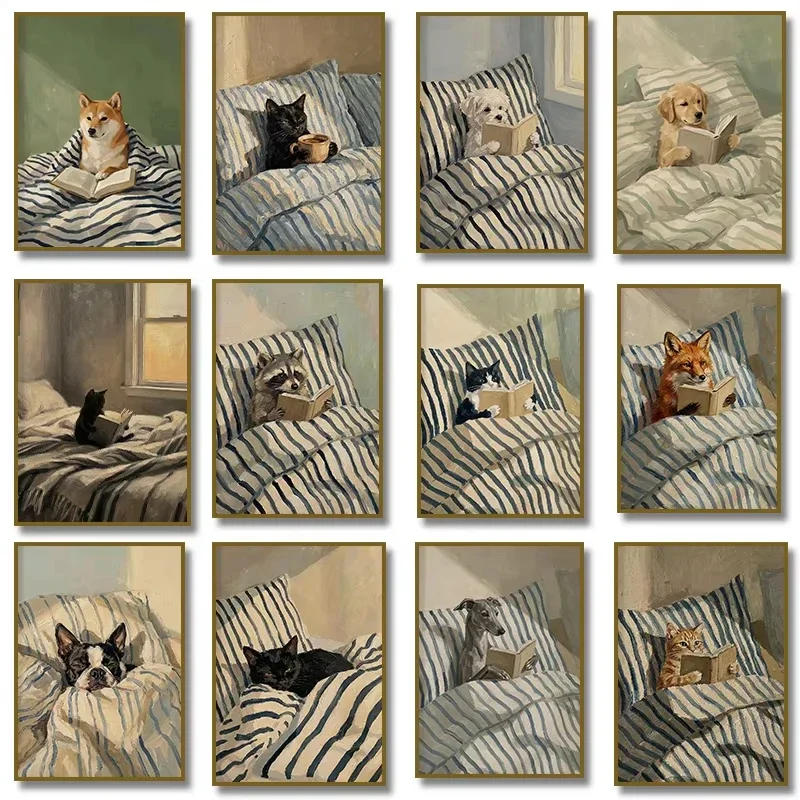 Pet Beds - ภาพวาดเพชร 5D DIY ลายสัตว์เลี้ยงน่ารักกำลังอ่านหนังสือ แมวและสุนัขบนเตียง ของขวัญสร้างสรรค์ทำมือสุดประณีต